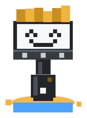 HAPPY BRUSH, a robot paint brush with gold bristles, a happy face and a steel grip